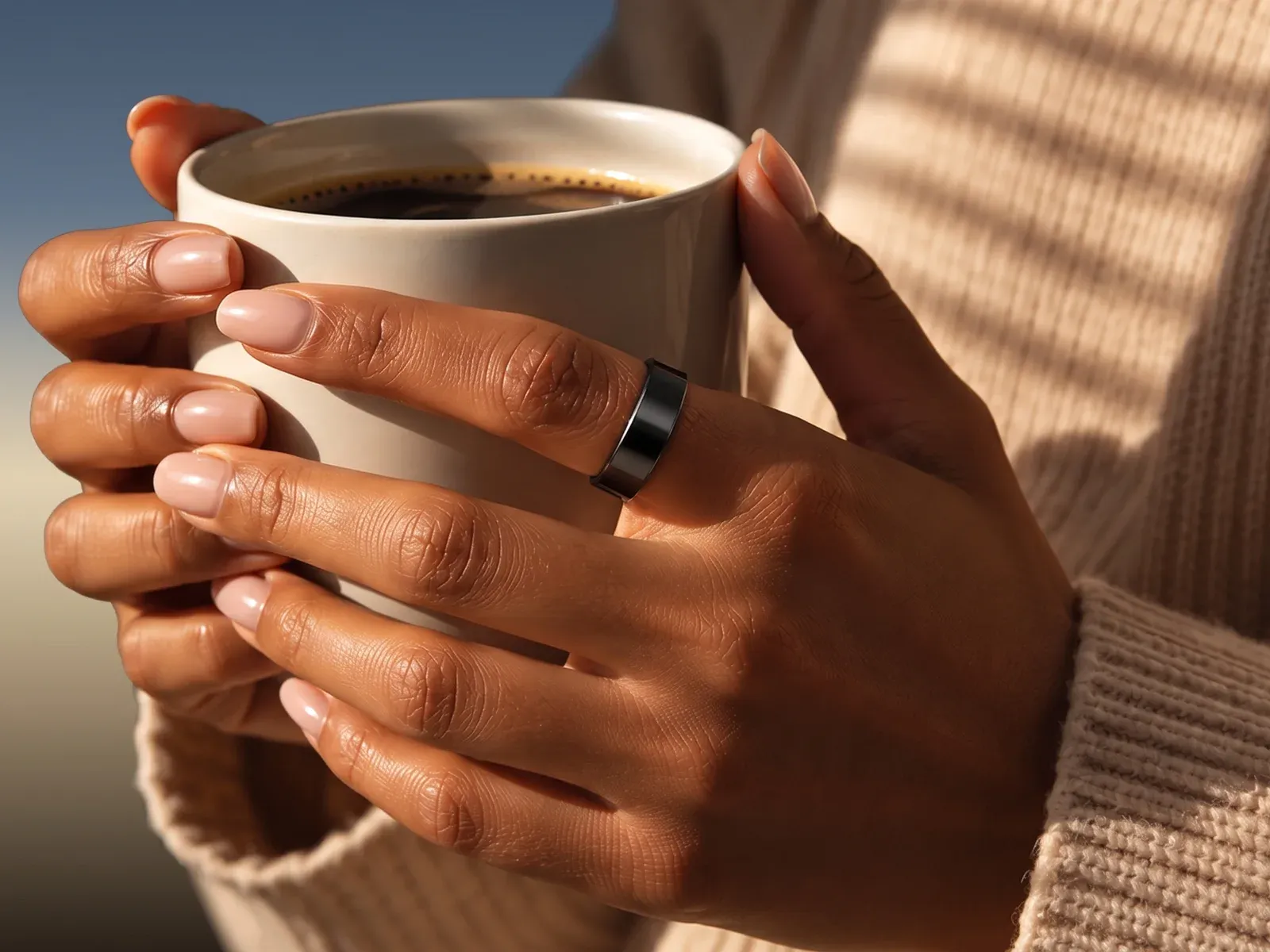Two hands around a coffee mug in the early light, the black Hasa ring on one finger