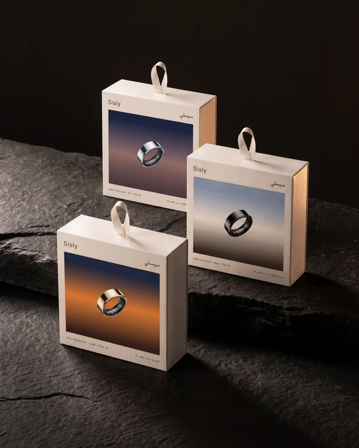 Three Sisly boxes, one for each oasis, on dark rock