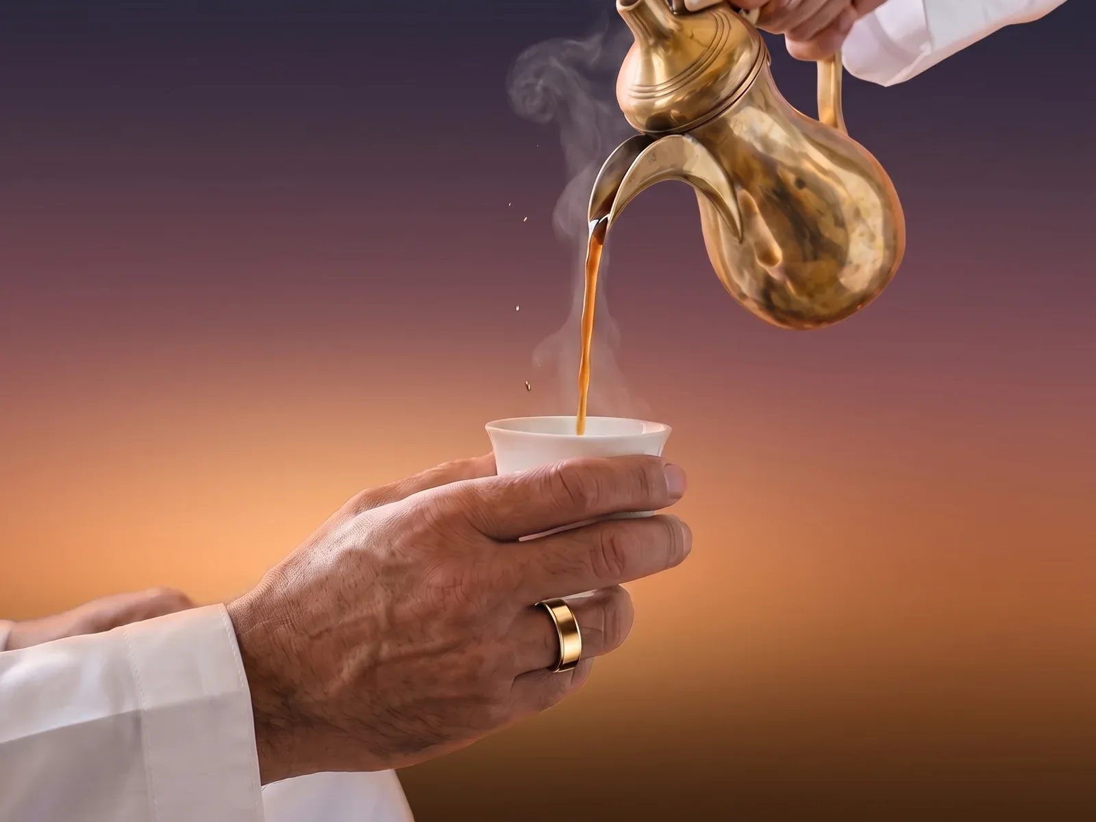 An older man’s hand with the gold Liwa ring holding a small cup as gahwa is poured from a brass dallah