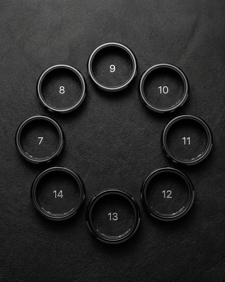 The sizing kit: dark sample rings laid in a circle on black leather, each marked with its size