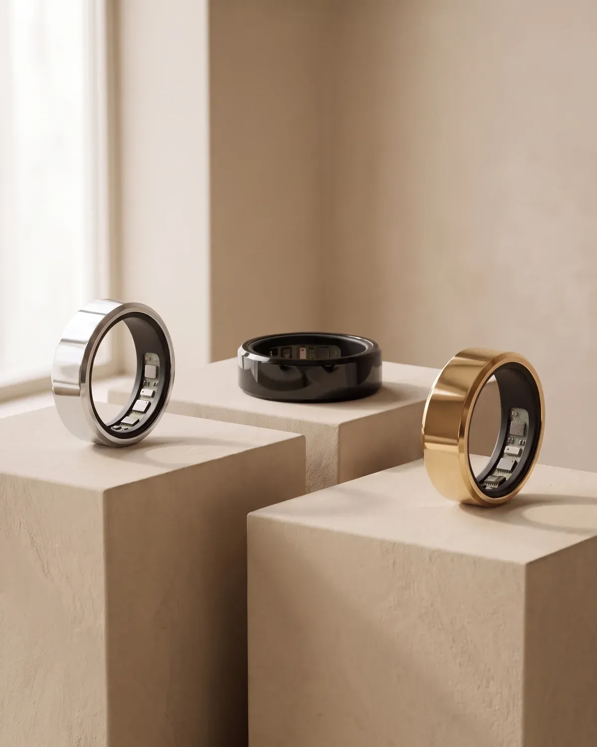 The silver, black and gold rings on pale stone plinths in soft daylight